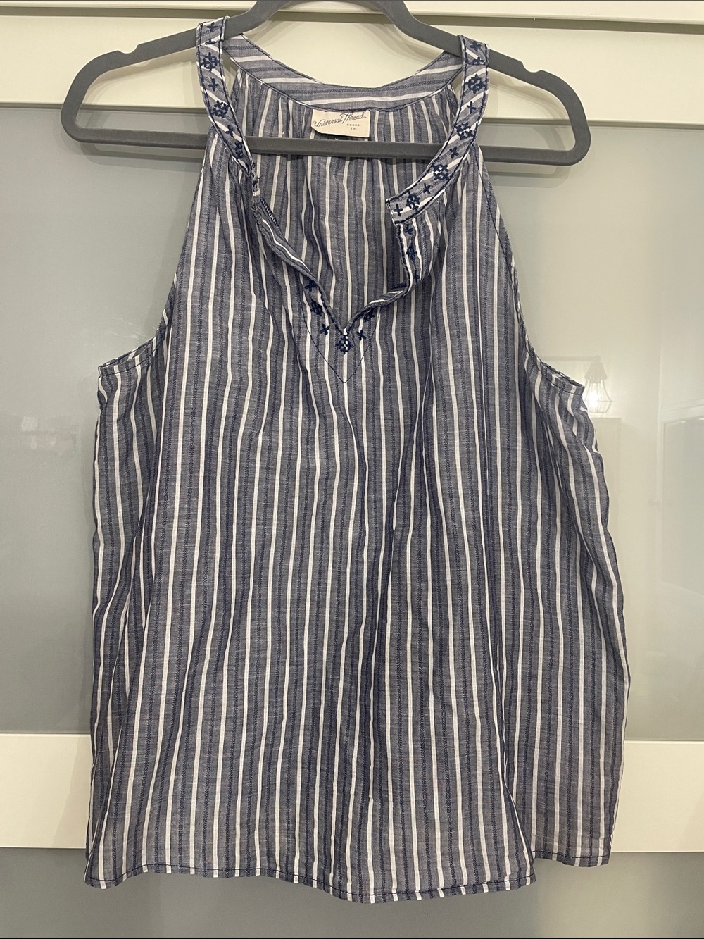 Universal Thread Navy & White Striped Embroidered Top